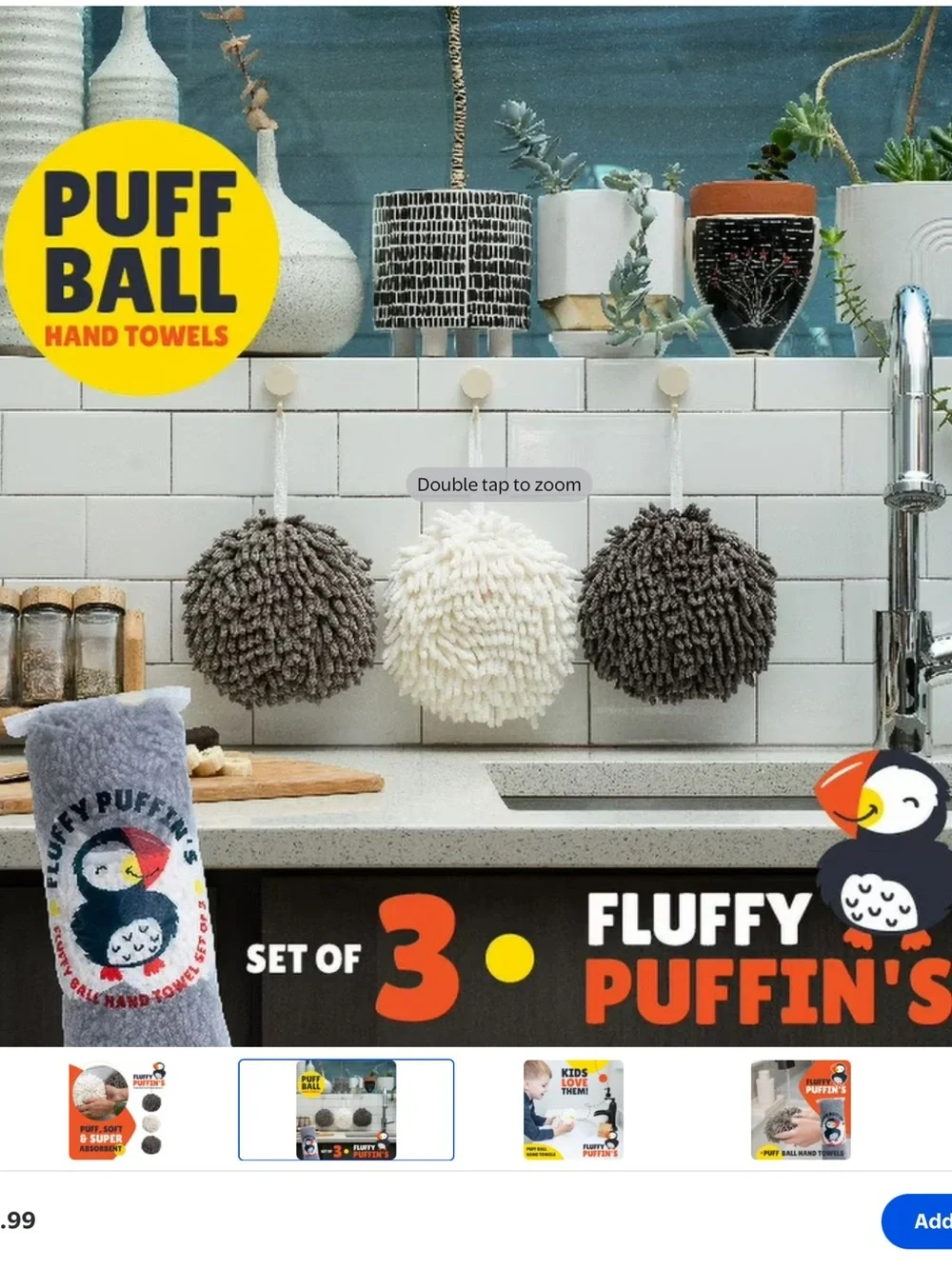 JJ Kent Fluffy Puffin's Hand Towels for Bathroom Home Fast Dry Microfiber 3 Pack
